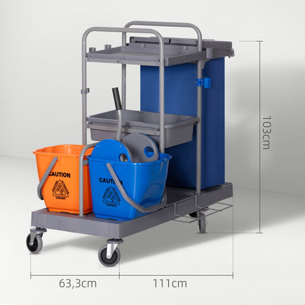Cleaning Cart with Mop Press, 3-Tier, 2x18L Buckets