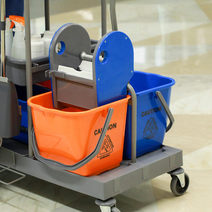 Cleaning Cart with Mop Press, 3-Tier, 2x18L Buckets