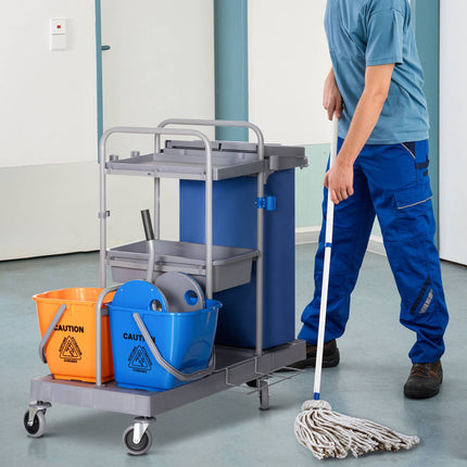 Cleaning Cart with Mop Press, 3-Tier, 2x18L Buckets