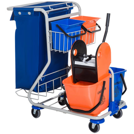 Cleaning trolley with 4 buckets and wheels, blue/orange