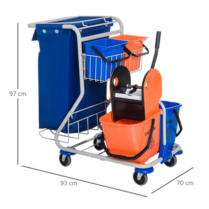 Cleaning trolley with 4 buckets and wheels, blue/orange
