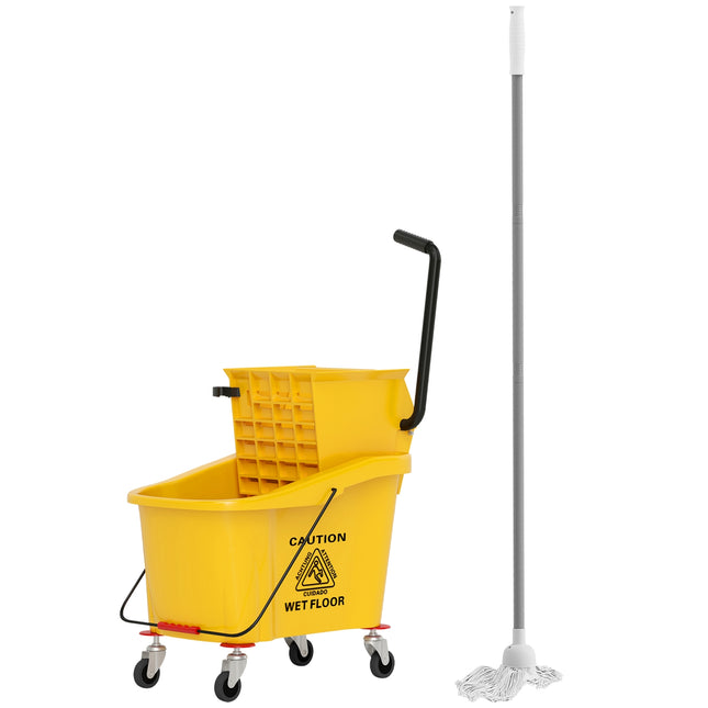 Schoonmaakwagen schoonmaakwagen 36 liter emmer met pers, huishoudwagen met dweil en handvat voor gebouwreiniging, kantoorschoonmaak geel Aosoom