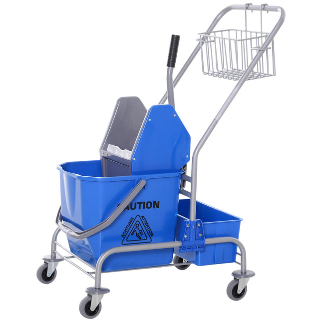 Poetswagen, poetswagen, mobiele emmer, schoonmaakemmer, 25 liter dweilwagen met wringer, haak voor dweil, huishoudwagen met 4 wielen, blauw