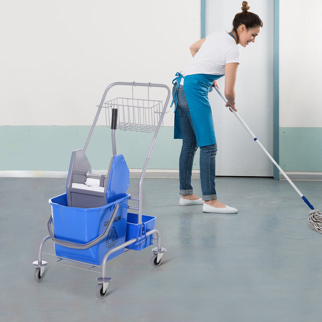 Poetswagen, poetswagen, mobiele emmer, schoonmaakemmer, 25 liter dweilwagen met wringer, haak voor dweil, huishoudwagen met 4 wielen, blauw