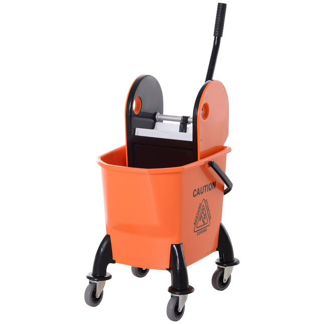 Poetswagen, poetswagen met wringer, 26 liter schoonmaakemmer, verrijdbare emmer, veegwagen, haak voor dweil, huishoudwagen met 4 wielen, oranje Aosom