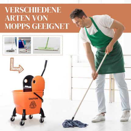 Poetswagen, poetswagen met wringer, 26 liter schoonmaakemmer, verrijdbare emmer, veegwagen, haak voor dweil, huishoudwagen met 4 wielen, oranje Aosom