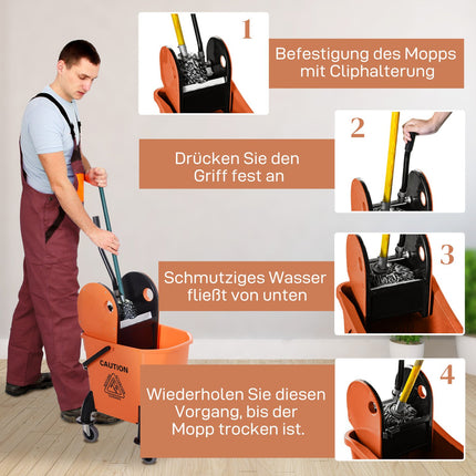 Poetswagen, poetswagen met wringer, 26 liter schoonmaakemmer, verrijdbare emmer, veegwagen, haak voor dweil, huishoudwagen met 4 wielen, oranje Aosom
