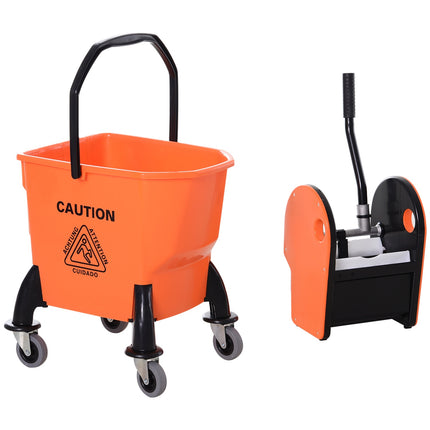 Poetswagen, poetswagen met wringer, 26 liter schoonmaakemmer, verrijdbare emmer, veegwagen, haak voor dweil, huishoudwagen met 4 wielen, oranje Aosom