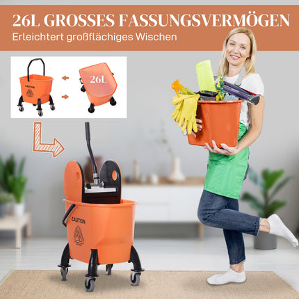 Poetswagen, poetswagen met wringer, 26 liter schoonmaakemmer, verrijdbare emmer, veegwagen, haak voor dweil, huishoudwagen met 4 wielen, oranje Aosom