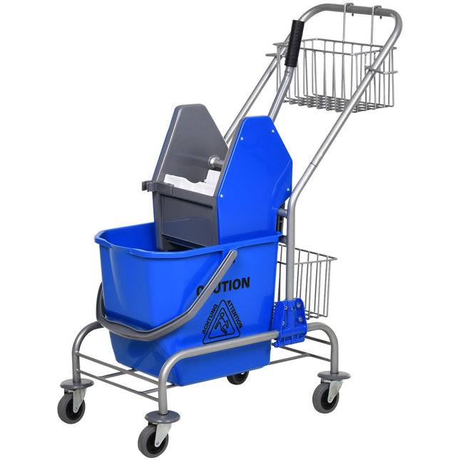Schoonmaakwagen huishoudwagen professionele bakpersemmer 26 L + opbergmand blauw 73L x 45B x 95H cm Aosom