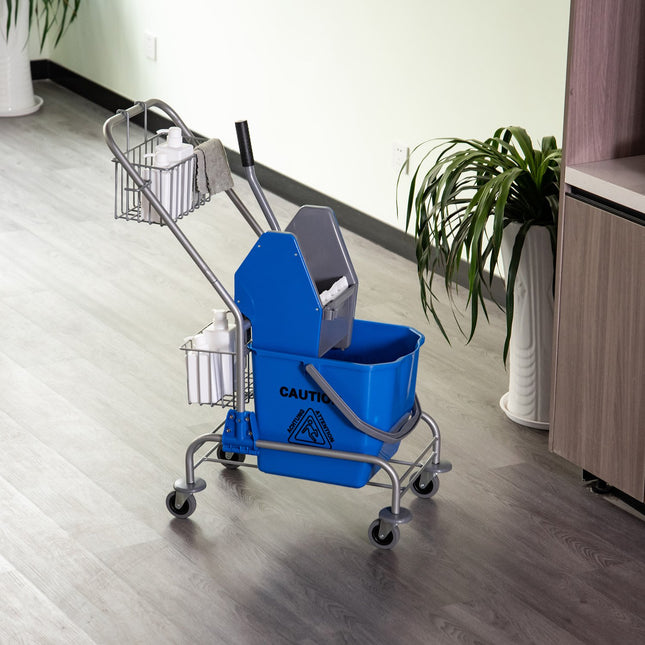 Schoonmaakwagen huishoudwagen professionele bakpersemmer 26 L + opbergmand blauw 73L x 45B x 95H cm Aosom