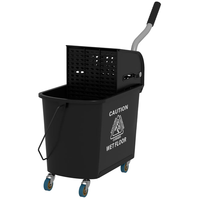 Poetswagen, verrijdbare emmer, schoonmaakemmer, 20 liter, veegwagen met pers, 2 kamers, zwart