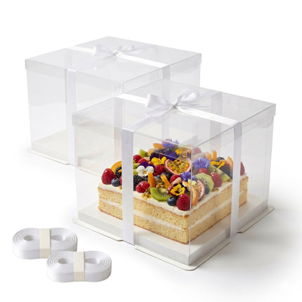 Clear Cake Boxes, Set Of 2 With Lids And Satin Ribbon