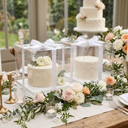 Clear Cake Boxes, Set Of 2 With Lids And Satin Ribbon