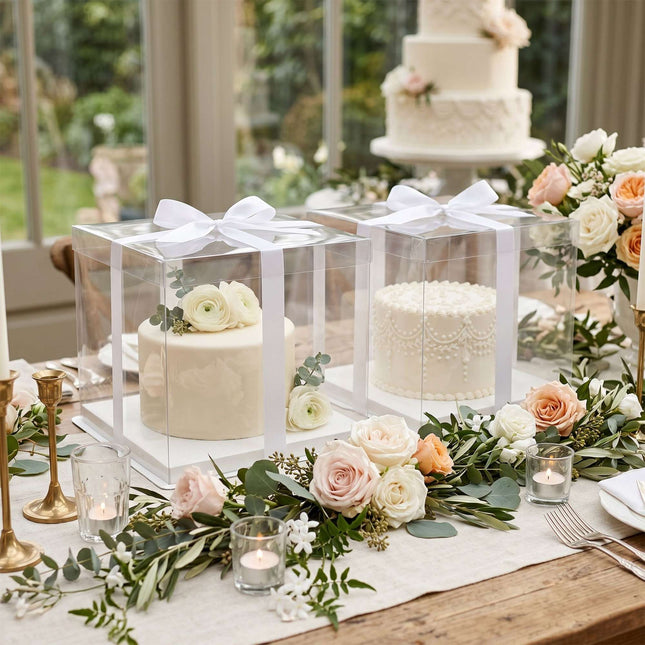 Clear Cake Boxes, Set Of 2 With Lids And Satin Ribbon