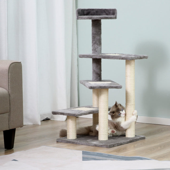 Cat tree with scratching post, 5 levels, beige/grey
