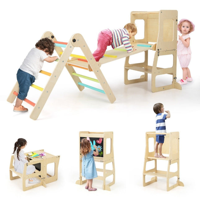 Climbing triangle with slide 7 in 1 climbing frame indoor for children from 3 years multicolored + natural