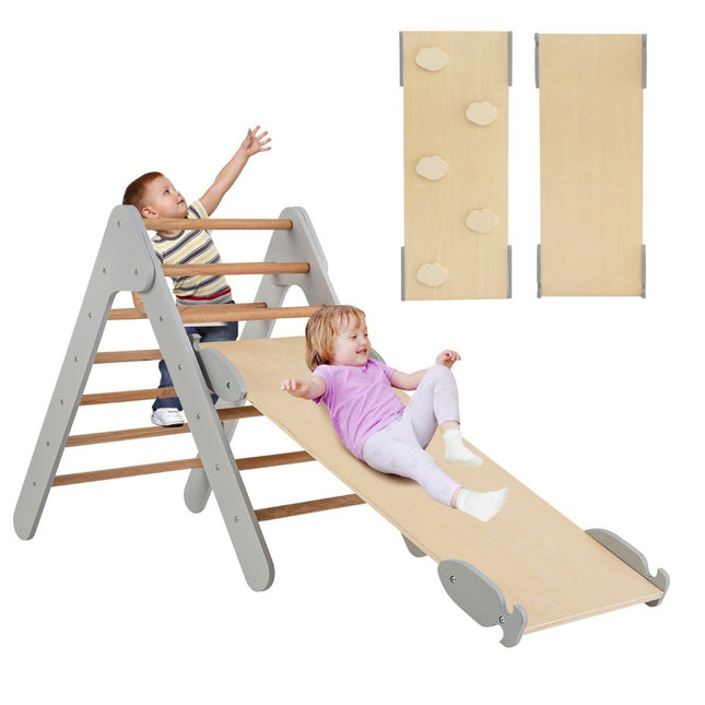 Climbing triangle with slide, climbing frame, indoor from 1 year, rung triangle climbing ramp made of wood, grey