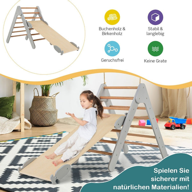Climbing triangle with slide, climbing frame, indoor from 1 year, rung triangle climbing ramp made of wood, grey