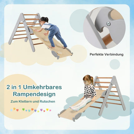 Climbing triangle with slide, climbing frame, indoor from 1 year, rung triangle climbing ramp made of wood, grey