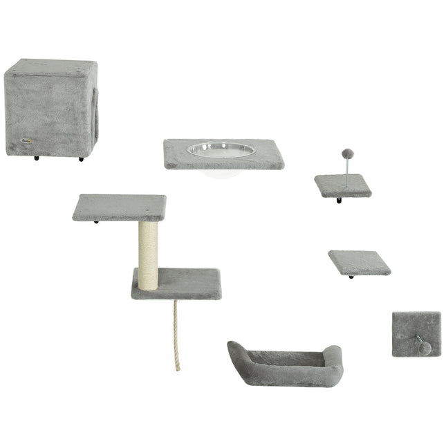 Climbing wall for cats 7-piece cat climbing wall set with cat house, platform, platform gray