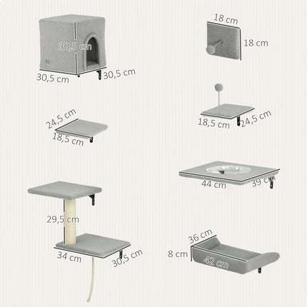 Climbing wall for cats 7-piece cat climbing wall set with cat house, platform, platform gray