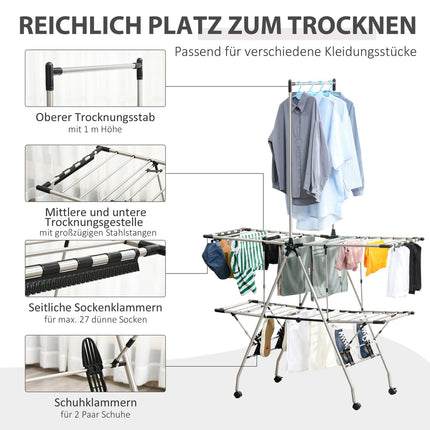 Large collapsible clothes airer with telescopic rods