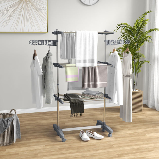 Folding clothes air tower with wheels, 3 levels, steel