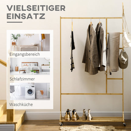Bamboo clothes rack on wheels with shelf and hooks