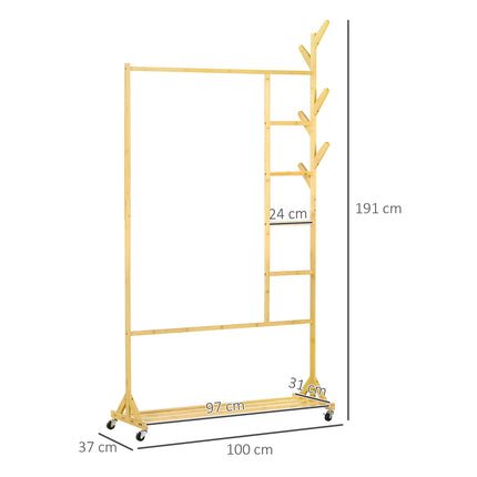 Bamboo clothes rack on wheels with shelf and hooks