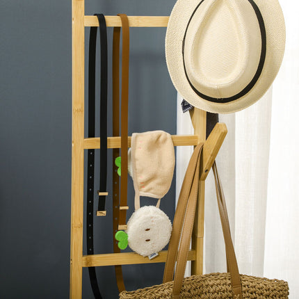 Bamboo clothes rack on wheels with shelf and hooks