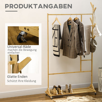 Bamboo clothes rack on wheels with shelf and hooks