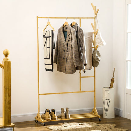 Bamboo clothes rack on wheels with shelf and hooks