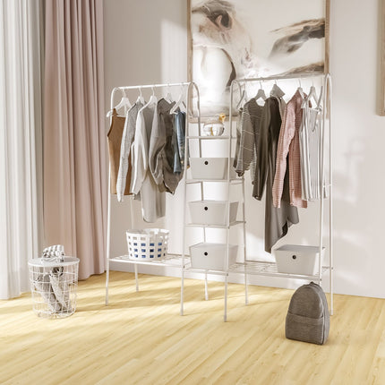 Freestanding coat rack in steel with shoe storage, white