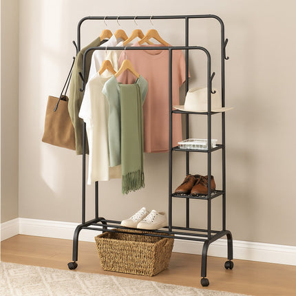 Clothes Rack on Wheels with Double Rails and Shelves