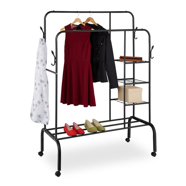 Clothes Rack on Wheels with Double Rails and Shelves