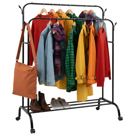 Clothes Rack on Wheels with Shelf & Hooks, Black