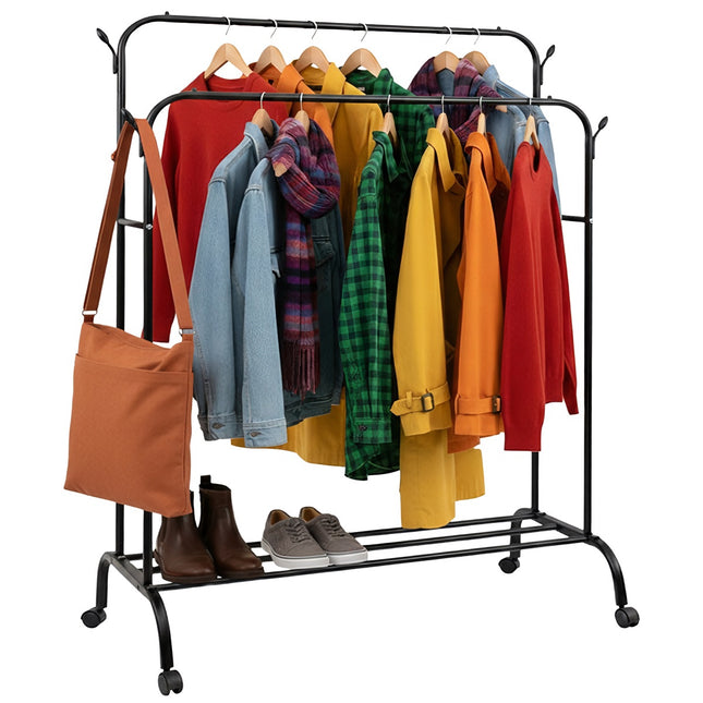 Clothes Rack on Wheels with Shelf & Hooks, Black