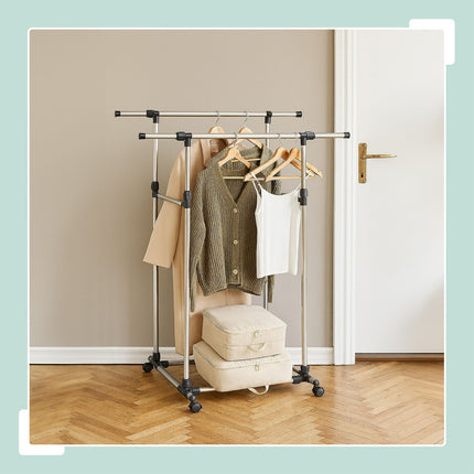 Clothes Rack with Adjustable Rails and Wheels