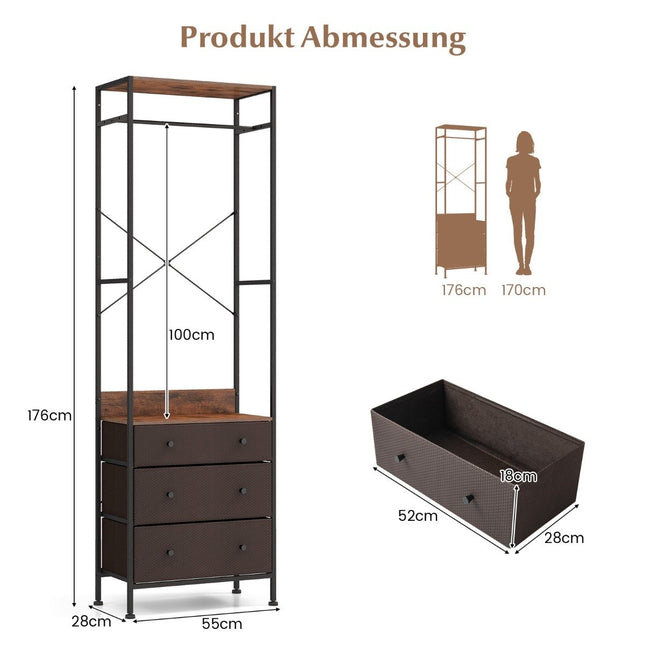 Clothes Rack with Drawers, Adjustable Rod & Shelves