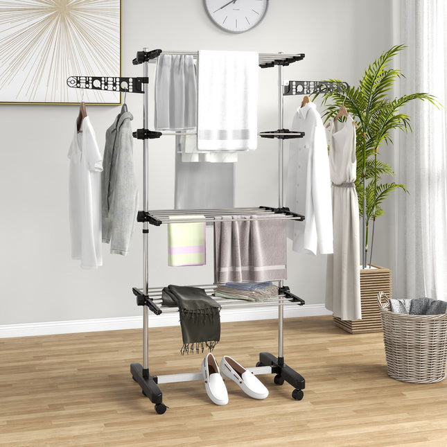 Clothes airer with wheels, folding wings - steel, 142 x 55 x 172 cm