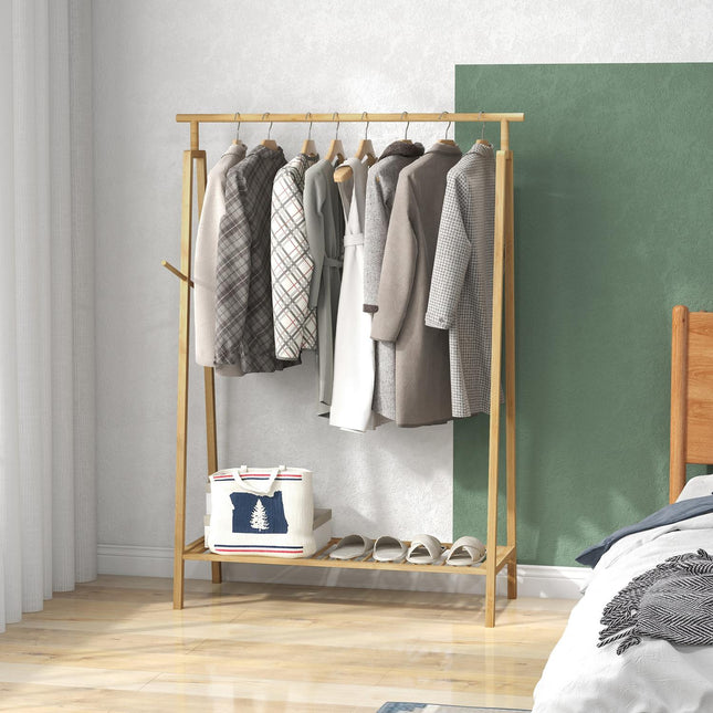 Bamboo clothes rack with hooks and shoe shelf, natural finish
