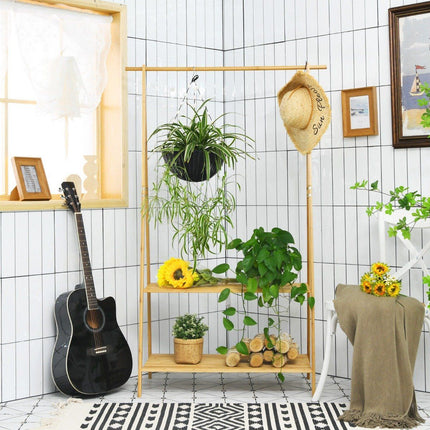 Clothes rack made of bamboo with 2 shelves. Space-saving coat rack, natural