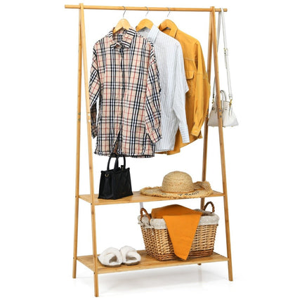 Clothes rack made of bamboo with 2 shelves. Space-saving coat rack, natural