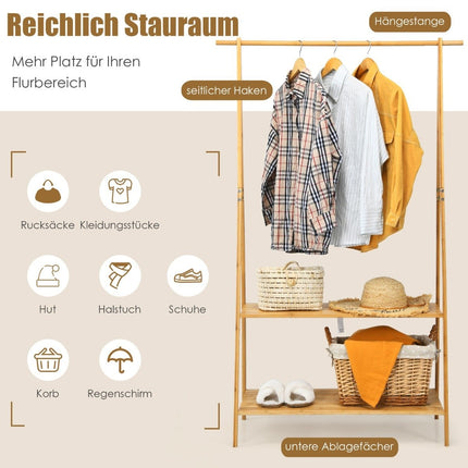 Clothes rack made of bamboo with 2 shelves. Space-saving coat rack, natural