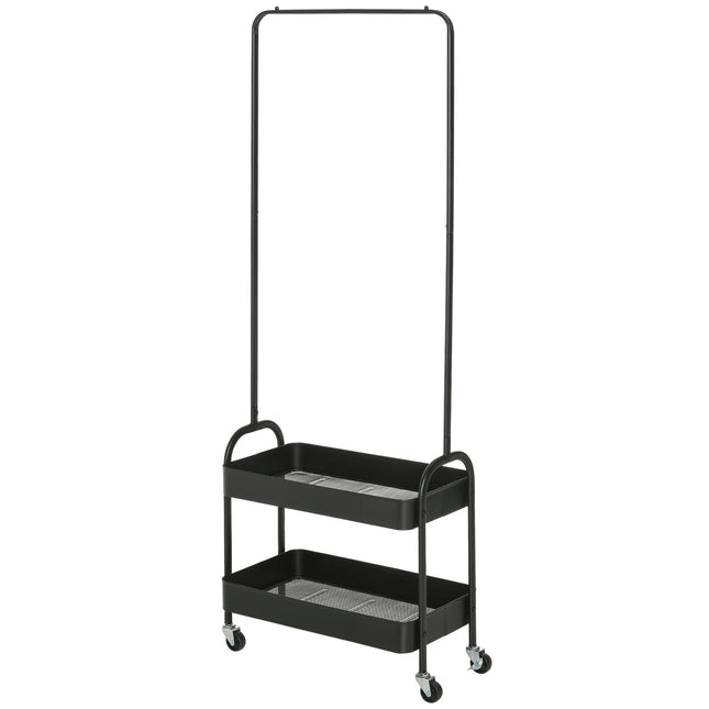 Kledingrek op wielen, kapstok met kledingroede, schoenenrek, vrijstaande kapstok van staal, voor woonkamer, slaapkamer, draagvermogen tot 16 kg, zwart