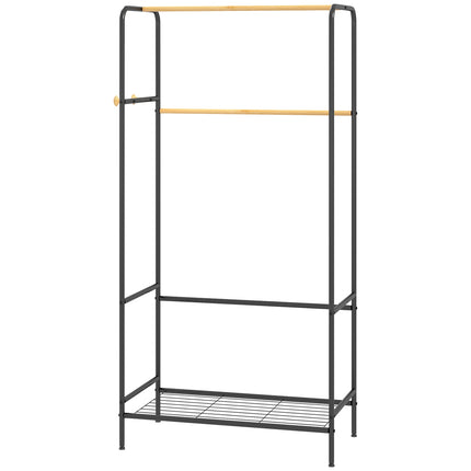 Clothes rack in black bamboo, 2 rails and hooks, hall in the bedroom