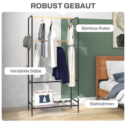 Clothes rack in black bamboo, 2 rails and hooks, hall in the bedroom