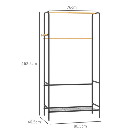 Clothes rack in black bamboo, 2 rails and hooks, hall in the bedroom