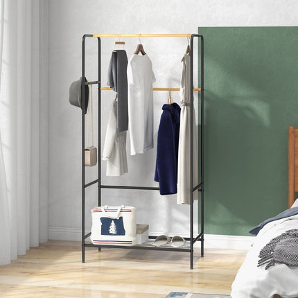 Clothes rack in black bamboo, 2 rails and hooks, hall in the bedroom